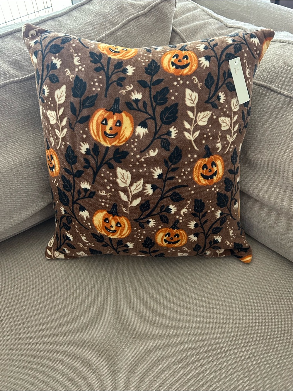 “New” Magaschoni Brown Fall Pillow with Orange Jack-O'-Lanterns